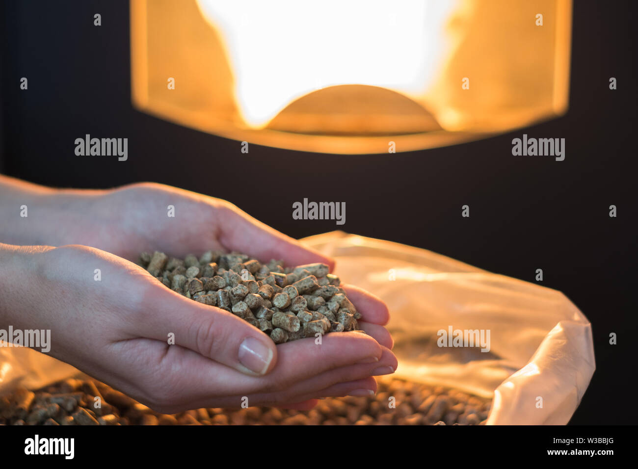 Heap of natural wood pellet for heating in women`s hands. Eco energy concept, bio fuel Stock Photo